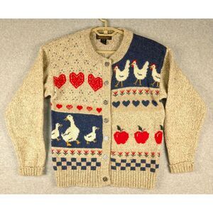 Eddie Bauer Beige and Navy Cardigan with Red Patterns